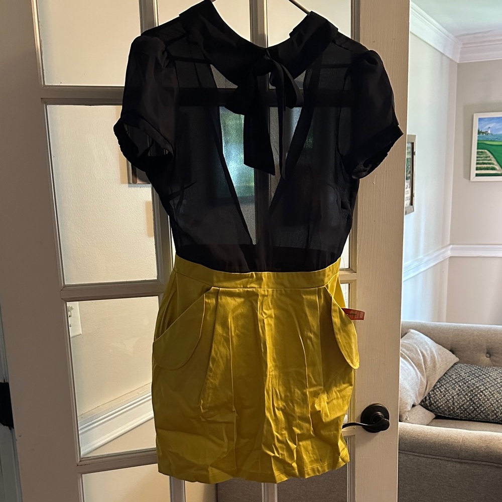 Navy and Yellow Sheer Blouse with Skirt-needs to be pressed